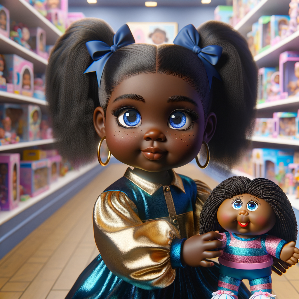 Create a 3-D image of an african-American little girl inside of a medium size, toy store. The little girl has thick long, ponytails and huge blue eyes. She has on a gold and blue jumpsuit with matching bows, She is playing with her favorite african-American cabbage patch doll, the doll has deep, dimples, and freckles and looks just like her