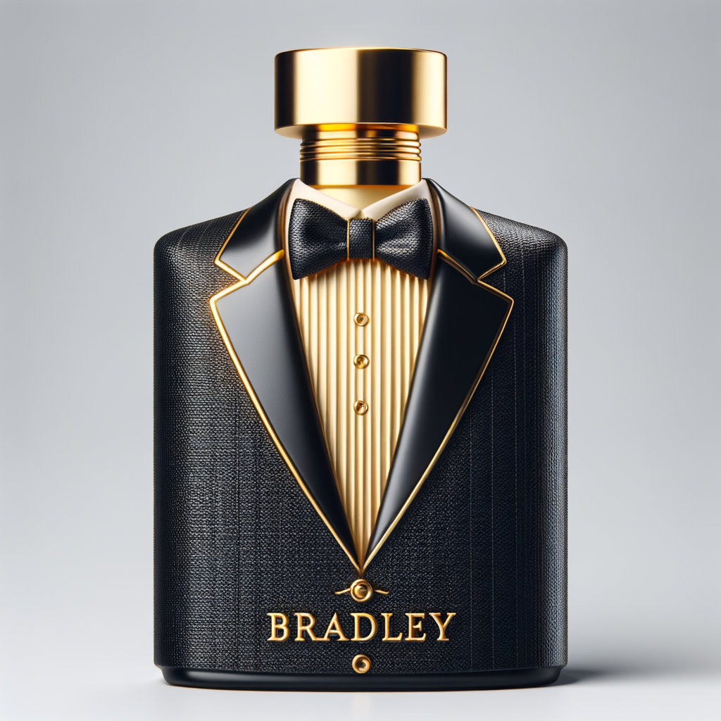 Create a realistic, 3-D cologne bottle That looks like a black Gucci tuxedo with a gold top and the name Bradley written in gold letters