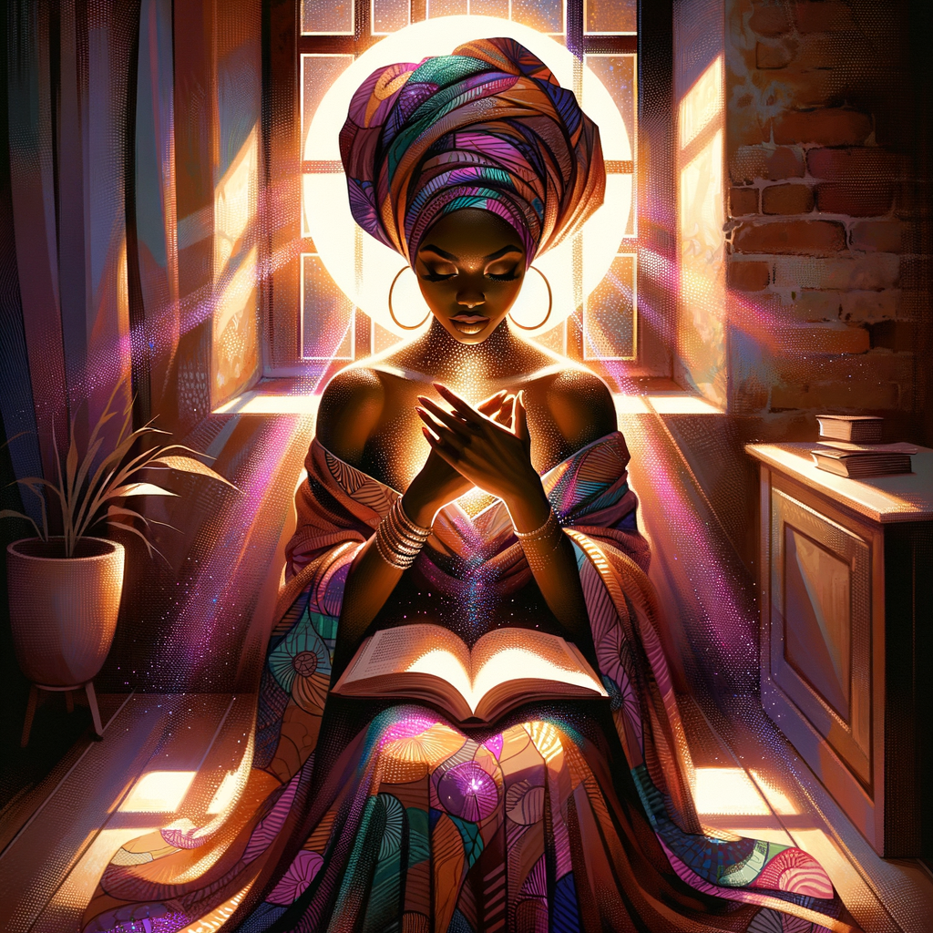 A contemporary art-style painting of an African American woman adorned in a headwrap, with an open book before her. She sits with hands clasped in prayer over her knees, depicted in a flat vector design. The scene is set in a cozy room bathed in sunlight streaming through a window, illuminated in shades of fluorescent purple and brown. She's dressed in a flowing gown, her skin exhibiting a radiant glow, encircled by a luminescent aura. The painting's edges feature a subtle smudge effect, adding to its charm, while mystical sparkles enhance the ambiance.