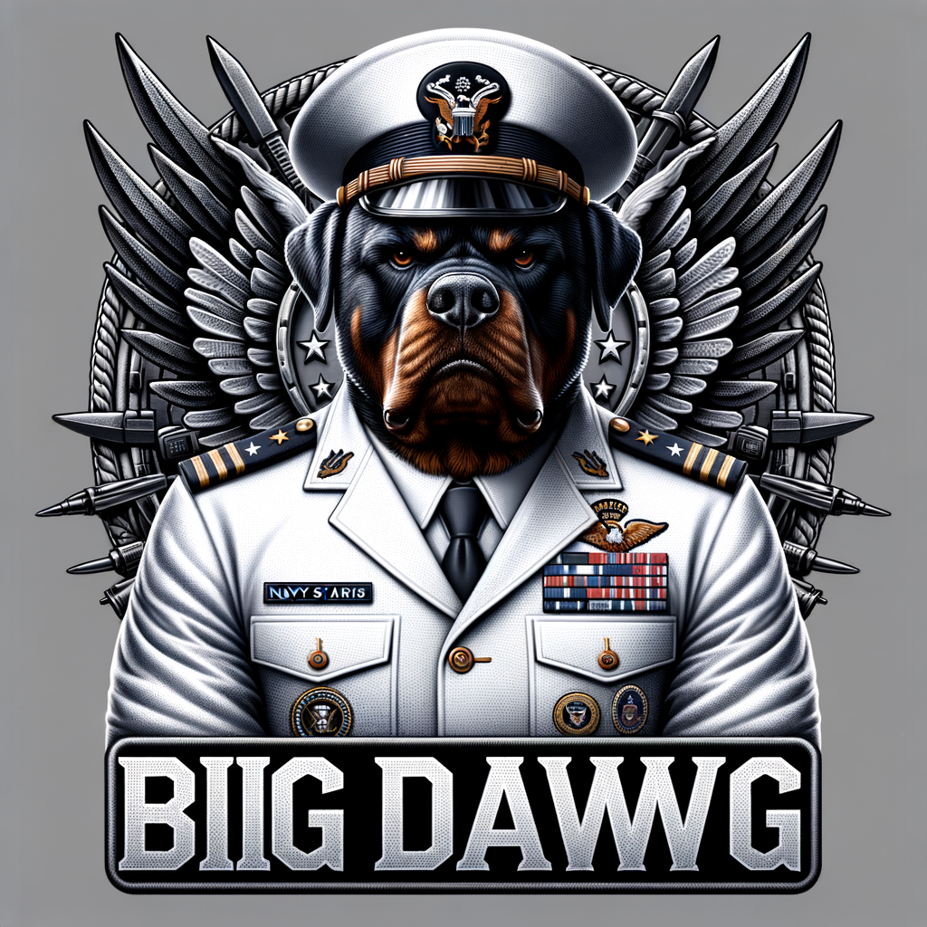 A mean Rottweiler, the Rottweiler is a US Navy officer in a white uniform, down below, spells the words BIG DAWG