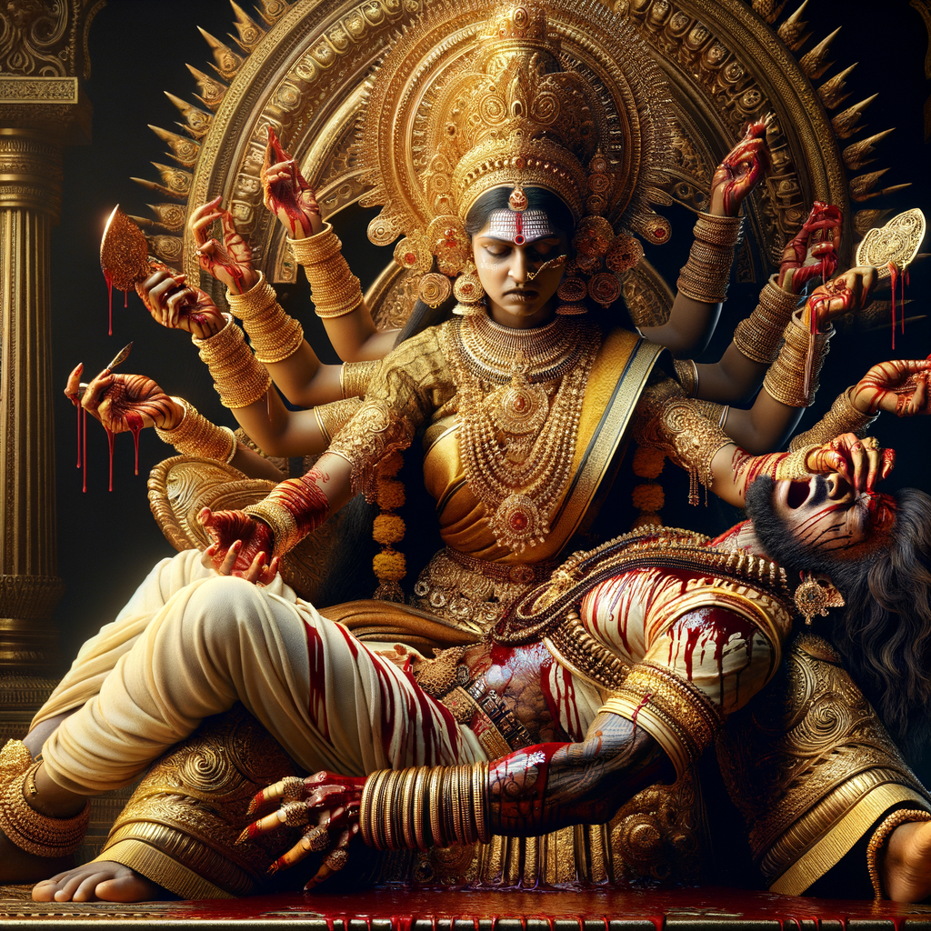 portrait of angry looking, four-armed indian goddess  sitting on a gold crown and carrying a weak mahishasur on her lap and poking his abdomen with her two hands with amazingly long red fingernails . She is wearing gold armor, a huge gold crown, gold saree, abundant  gold jewelry, covered in blood. The scene is set in ancient India. The image is 8K resolution, cinematic, photography, ultra detailed face and epic.