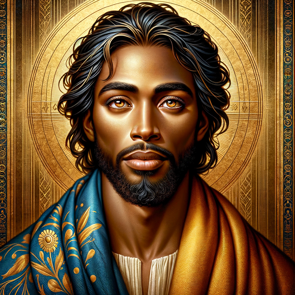 Create a beautiful African-American Jesus Christ with Hazel, brown eyes and blue and gold robe