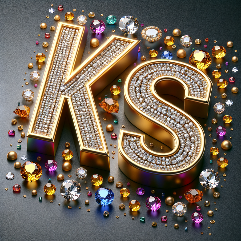 Create a 3-D realistic image with the letters  K.S. in gold raised letters , Add diamonds and colorful jewels