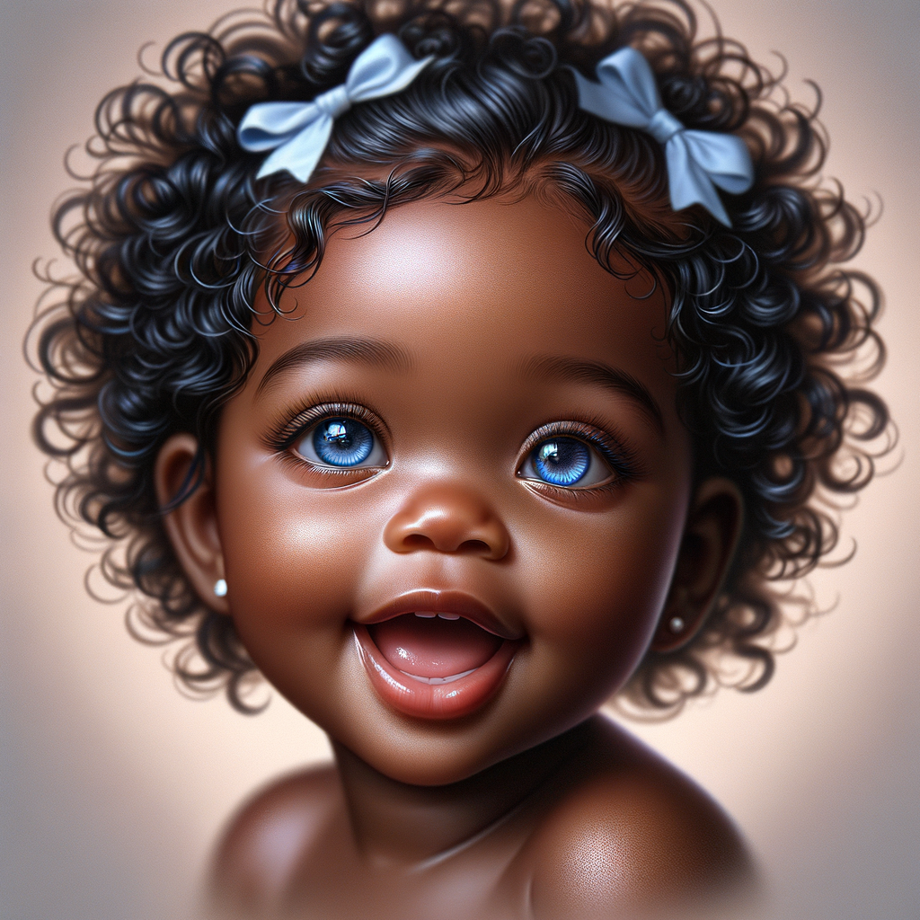 "Create a digital portrait of an adorable african-American baby girl with a joyful expression. Her big, bright blue eyes are wide with wonder, and her tiny mouth is shaped in a happy grin. Her skin has a warm, honey-brown tone, and she has an abundance of curly black hair, playfully tied up with light blue bows. The background is soft and neutral to keep the focus on her delightful features. The portrait should be vibrant and heartwarming, celebrating the innocence and charm of childhood."