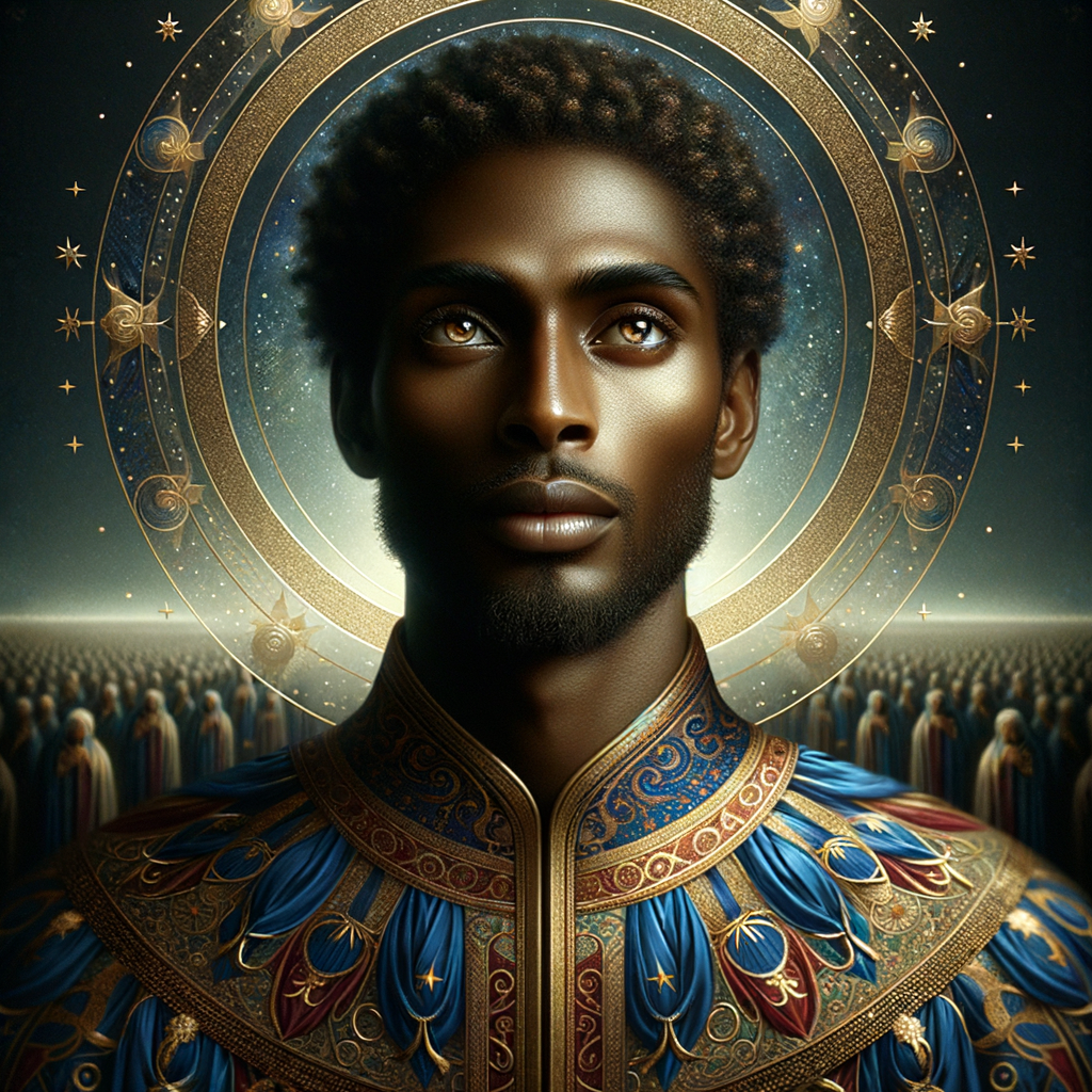 Create a beautiful African-American Jesus Christ with Hazel, brown eyes and blue and gold robe