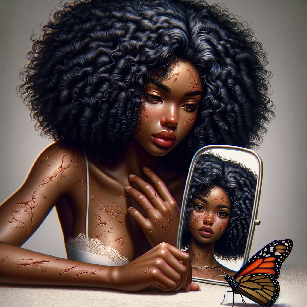 Create a 3-D realistic beautiful African-American  women with thick curly black hair
Looking at herself in the mirror, but the reflection she sees is a child, and she is no longer beautiful. She is ugly with scars. There is a fallen butterfly.