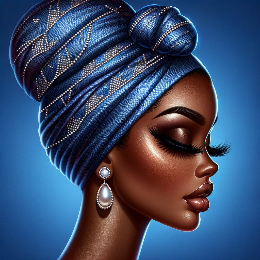 Create an airbrushed digital portrait of an animated
African-American woman in profile against a solid cobalt
blue backdrop. Her radiant skin, strikingly long eyelashes, a
pronounced nose, and voluminous natural glossy lips are
showcased. She wears a headwrap adorned with intricate
diamond patterns. Large, elegant pearl drop earrings
complete her appearance, showcasing the entire headshot
details with a focus on sophistication and grace. The digital
art should highlight her striking features against the vibrant
background, creating a visually stunning piece.