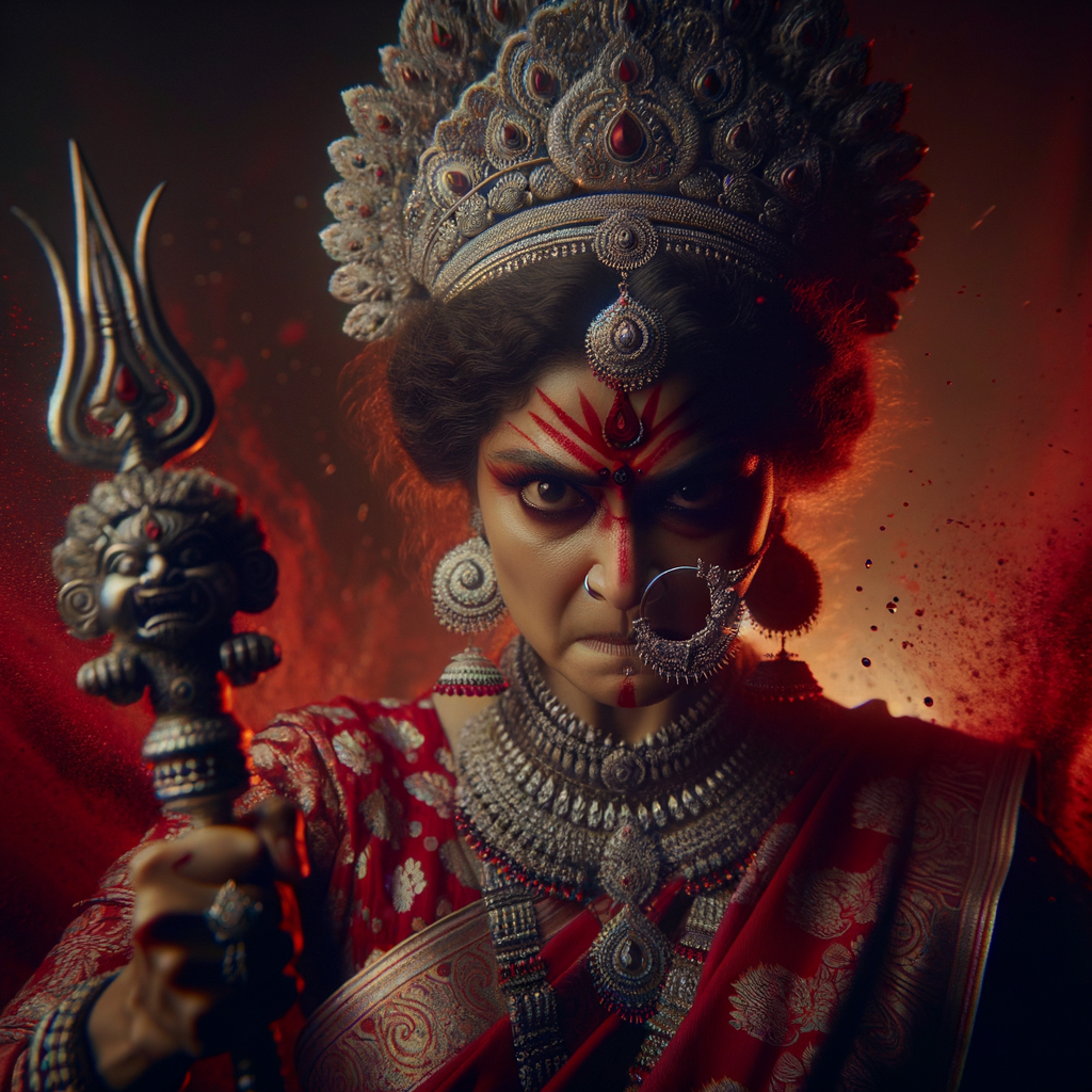 portrait of angry looking goddess durga cosplayer  carrying a short mahishasur in her two arms and stabbing him with her amazingly designed trident. She is wearing a huge silver crown, red saree, abundant silver jewelry, covered in blood. The scene is set in ancient India. The image is 8K resolution, cinematic, ultra detailed face and epic.