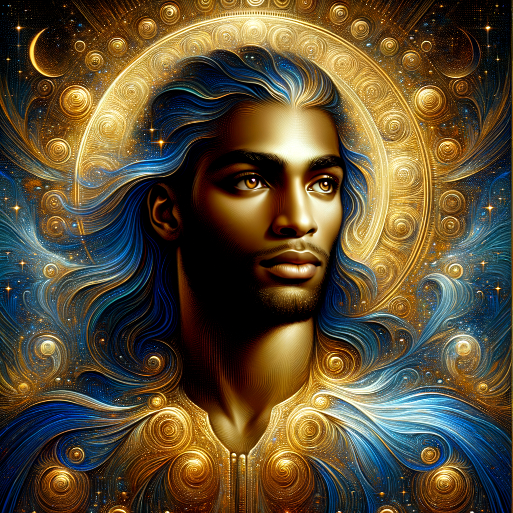 Create handsome African-American, Jesus, with Hazel Brown eyes wearing a blue and gold robe