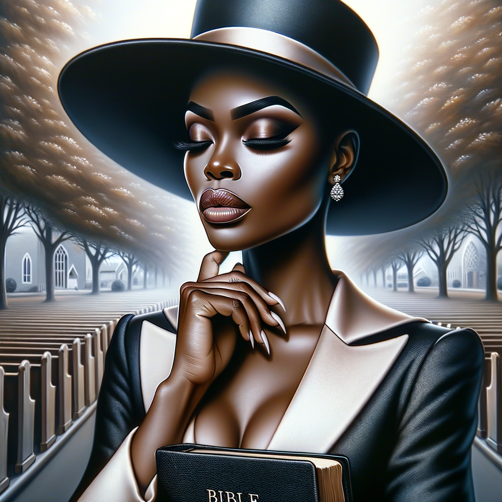 Render an airbrush oil painting of an African American woman with flawless makeup in a
contemplative pose, holding a Bible close to her heart, dressed in an elegant Sunday Best
outfit with a distinctive Church Hat. The background features a peaceful church garden,
with light filtering through the trees, highlighting her spiritual connection and the personal
moment of reflection. The artwork should capture the tranquility of the scene, the beauty
of her attire, and the depth of her contemplation, reflecting a serene and spiritually