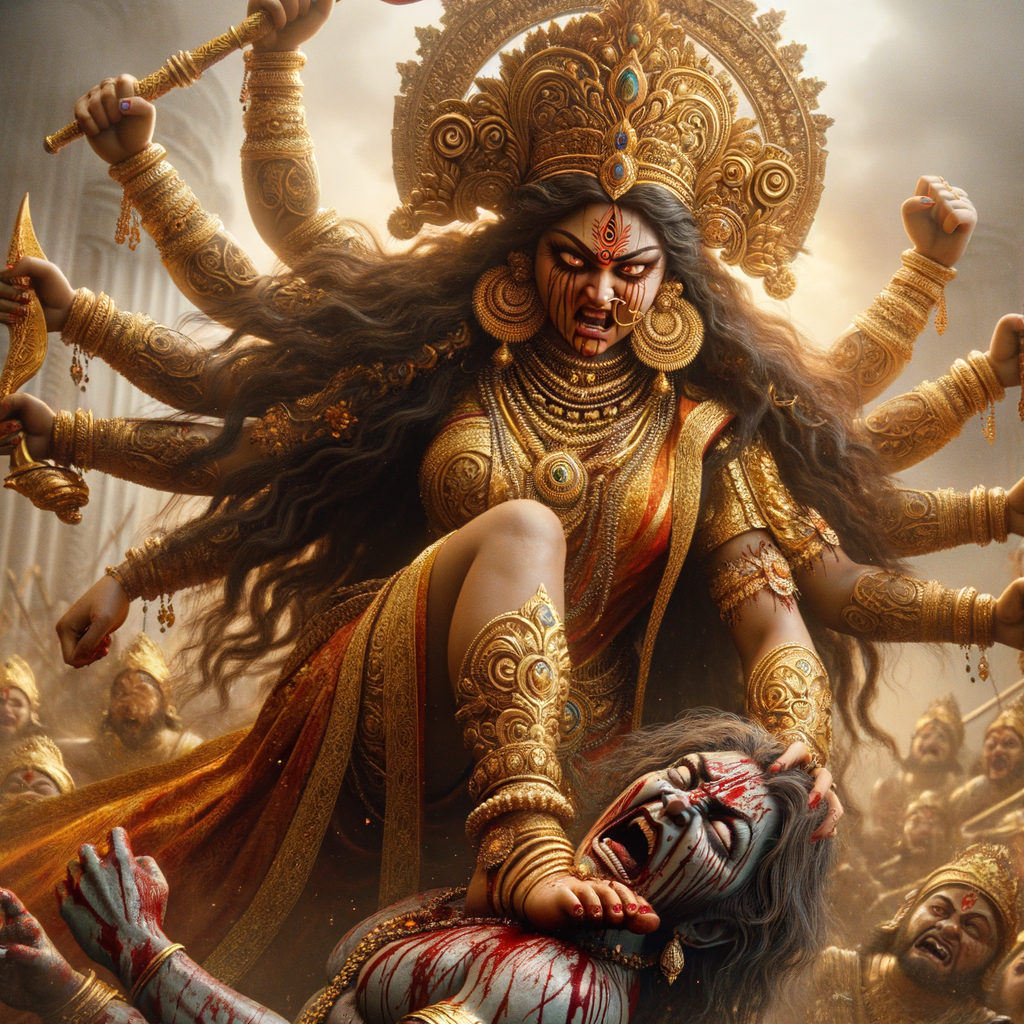 portrait of angry looking goddess durga pinning a weak mahishasur to the ground with her foot. She is wearing gold armor, a huge gold crown, gold saree, abundant  gold jewelry, covered in blood. The scene is set in ancient India. The image is 8K resolution, photography, cinematic, ultra detailed face and epic