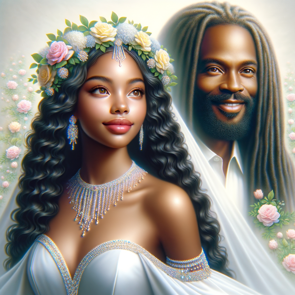 Create a 3-D realistic oil, painting of a beautiful African-American bride. She has long flooring, wavy hair and her gown has beautiful jewels around the neckline. in the background there is a beautiful African-American Jesus Christ with long dreadlocks, and he is smiling. He is very handsome pastel flowers throughout the image.