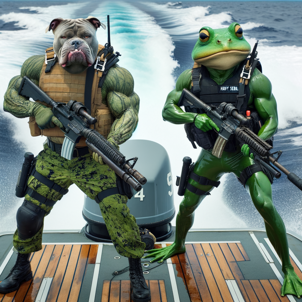 There are two US Navy sailors in battle gear, the navy sailors are a pitbull and Pepe, they are standing in two different directions. They are shooting 50 caliber, machine guns. They are in their Navy seal boat. The boat is making waves. There are also divers on the boat getting ready to dive in the water .