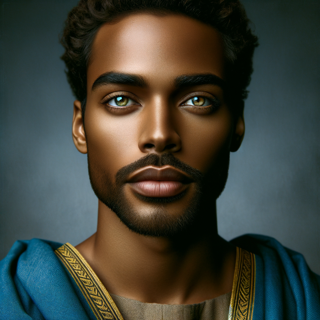 Create handsome African-American, Jesus, with Hazel Brown eyes wearing a blue and gold robe