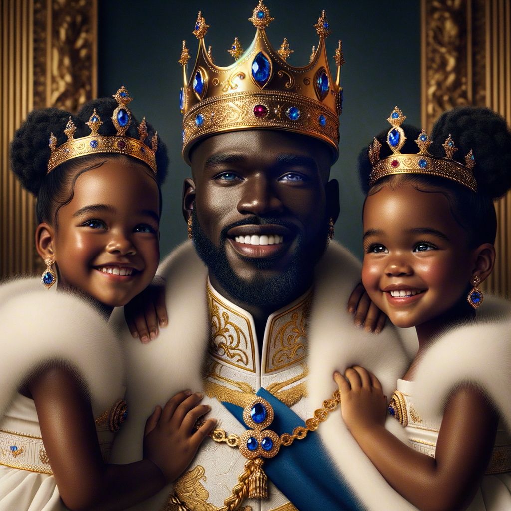 Imagine a regal portrait of an African American king with a warm and inviting smile, adorned in a majestic white and gold-trimmed robe, embellished with sapphire, blue  sapphire, jewels. His head is crowned with a stately gold crown, studded with matching jewels. He is holding two young princesses, one in each arm, who are his spitting image, with joyful expressions and wearing blue and gold dresses that complement his attire, complete with mini crowns and fluffy white fur at the collars and wrists. They are all in front of a luxurious backdrop, suggesting a palatial setting.