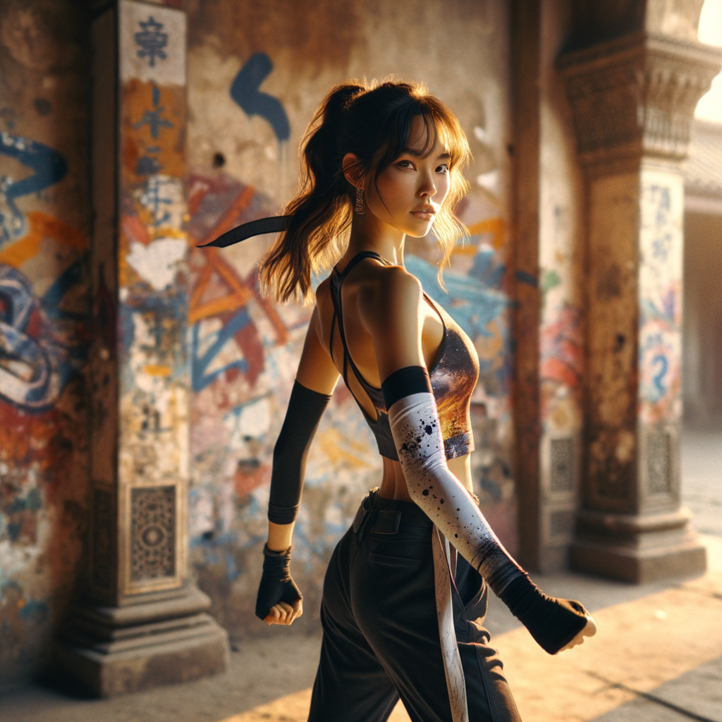 Athletic Thin skinny Attractive, Asian teenage girl, long brown hair and bangs, wearing tight skinny jeans and a halter top paint marks on her clothing, heroic pose Asian graffiti background, backside view