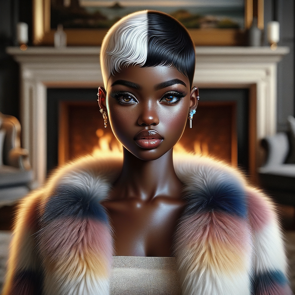 a full body veiw of a colorful gloss hyper realistic oil painting of a regal beautiful light skinned afro  American girlwith beautiful pixie cut one side of hair is black and the other side  of her hair white slick baby hair and furry white and pink and blue furry coat and outfit under the coat standing in living room with fireplace