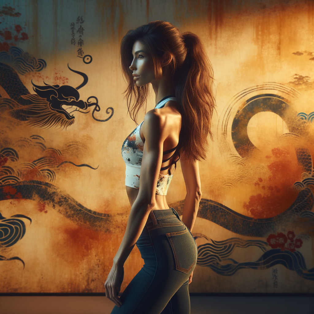 Athletic Thin skinny Attractive, Asian teenage girl, long brown hair and bangs, wearing tight skinny jeans and a halter top paint marks on her clothing, heroic pose Asian graffiti background, backside view