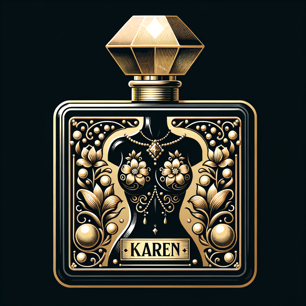 Design a fancy, black and gold bottle of perfume in the shape of a woman’s body. With a golden diamond top, flowers pearls and Diamonds in the name, Karen