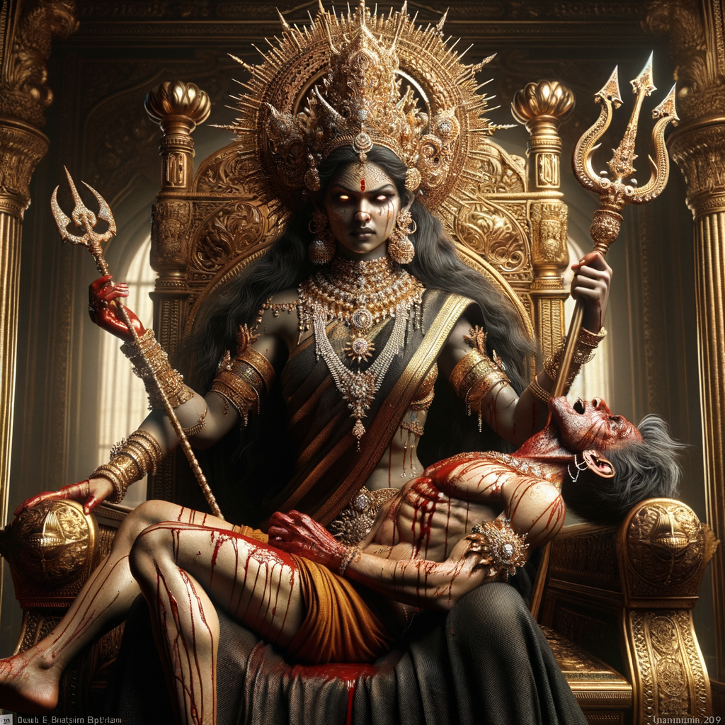 portrait of angry looking goddess durga sitting on a gold crown and carrying a weak mahishasur on her lap and stabbing him with her amazingly designed trident. She is wearing a huge diamond crown, black saree, abundant diamond jewelry, covered in blood. The scene is set in ancient India. The image is 8K resolution, photograph, cinematic, ultra detailed face and epic.