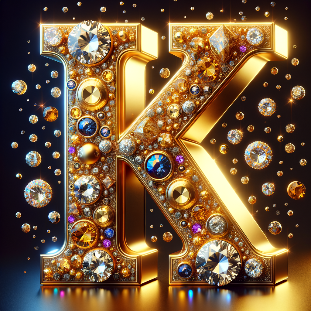 Create a 3-D realistic image with the letters  K.S. in gold raised letters , Add diamonds and colorful jewels