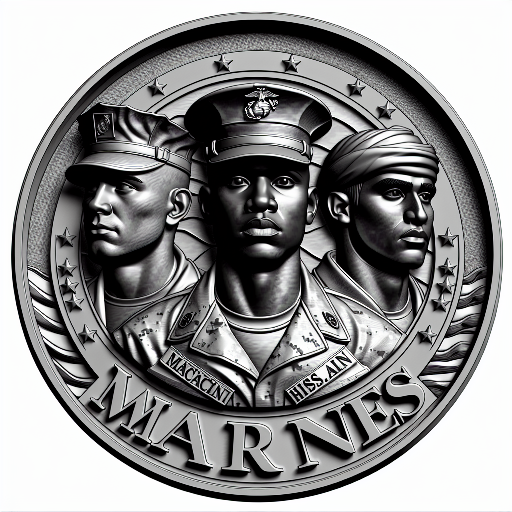 Design a high-contrast grayscale 3d bas relief of three marine soldiers, The composition should be circular like a coin emblem, designed for CNC routing with balanced lighting to accentuate fine details, sharp edges, and distinct textures. Employ deep shadows and strong highlights to define planes and surfaces clearly.