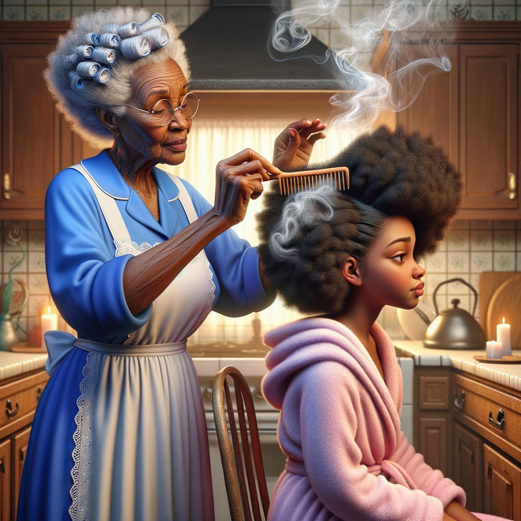 Create a realistic 3-D image of an african-American grandmother wearing a blue house dress and a white apron . She is in the kitchen with her african-American granddaughter. Her granddaughter is wearing a pink bath robe. The grandmother has a hot comb in her hand and she is straightening her granddaughters hair. One side of her granddaughters hair is in  a Afro the other straight 
There is smoke coming from the hot comb
The granddaughter is making a face