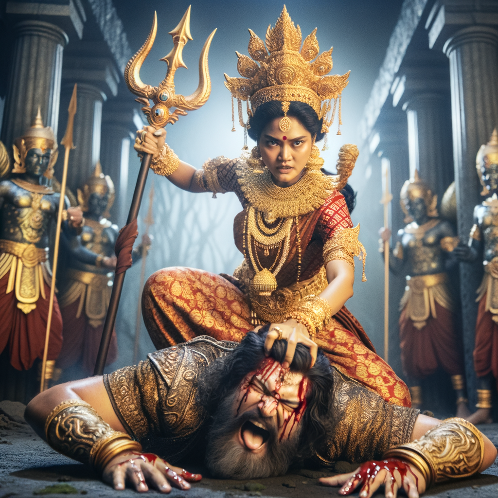 portrait of angry looking, indian goddess cosplayer straddling a defeated mahishasur, while he is lying on the ground and she stabs him with her trident. She is wearing a huge gold crown, red saree, abundant  gold jewelry, covered in blood. The scene is set in ancient India. The image is 8K resolution, cinematic, photography, ultra detailed face and epic.