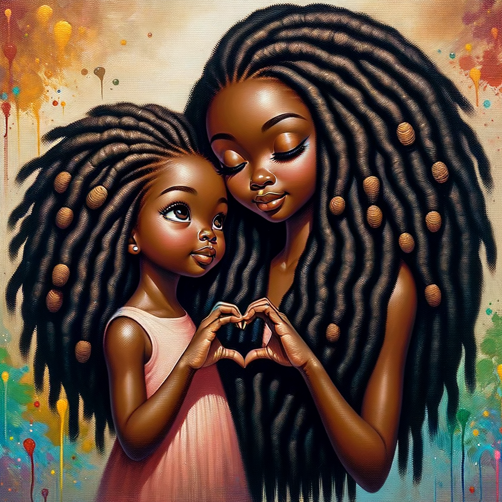 Chibi art style oil painting of an African-American mother with long off black sisterlocs and an African-American toddler girl with should-length off black sisterlocs facing toward the viewer, leaning against each other with their hand intertwined to form the shape of a heart. emphasize the heart shape of their hands as a central symbol of love admist a splash of rainbow colors in the backdrop