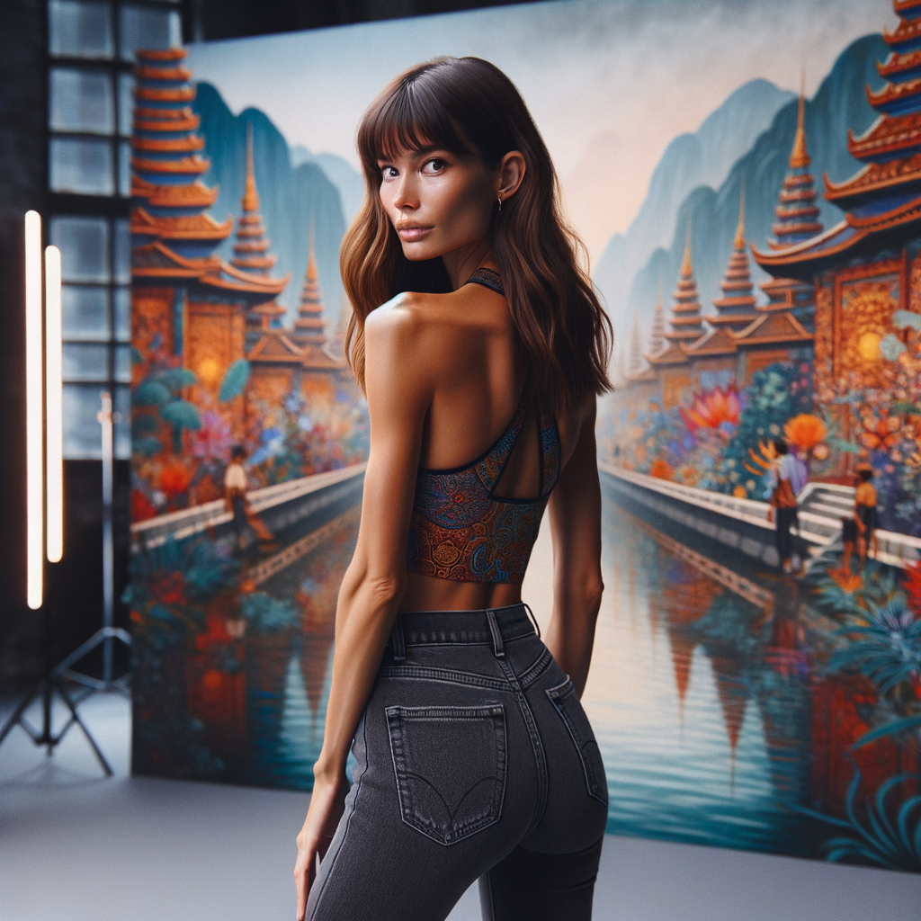 Athletic Thin skinny Attractive, Asian teenage girl, long brown hair and bangs, wearing tight skinny jeans and a halter top paint marks on her clothing, heroic pose Asian graffiti background, backside view