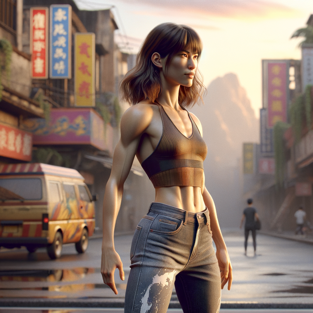 Athletic Thin skinny Attractive, Asian teenage girl, long brown hair and bangs, wearing tight skinny jeans and a halter top paint marks on her clothing, heroic pose Asian graffiti background, backside view