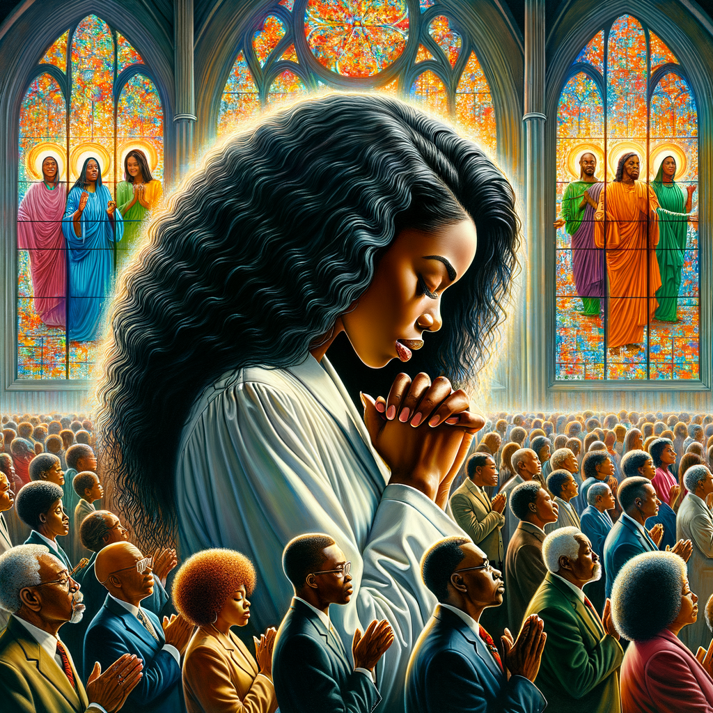 An oil painting depicting an African-American woman with long, wavy black hair, deeply immersed in prayer within a vibrant church setting. She is surrounded by a congregation of African-American individuals, all collectively engaged in worship and praise. The church is adorned with vividly colored stained glass windows, casting a mosaic of light that adds to the spiritual ambiance of the scene.