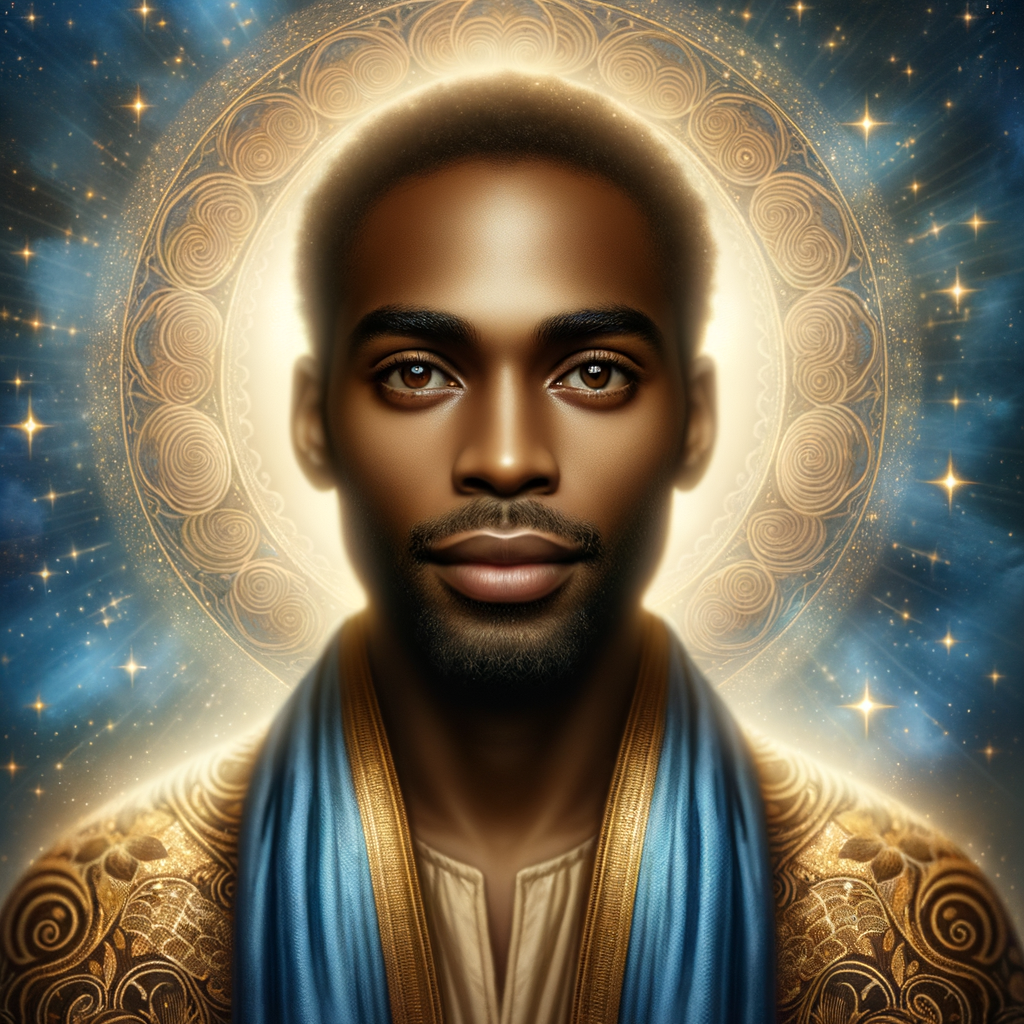 Create a beautiful African-American Jesus Christ with Hazel, brown eyes and blue and gold robe