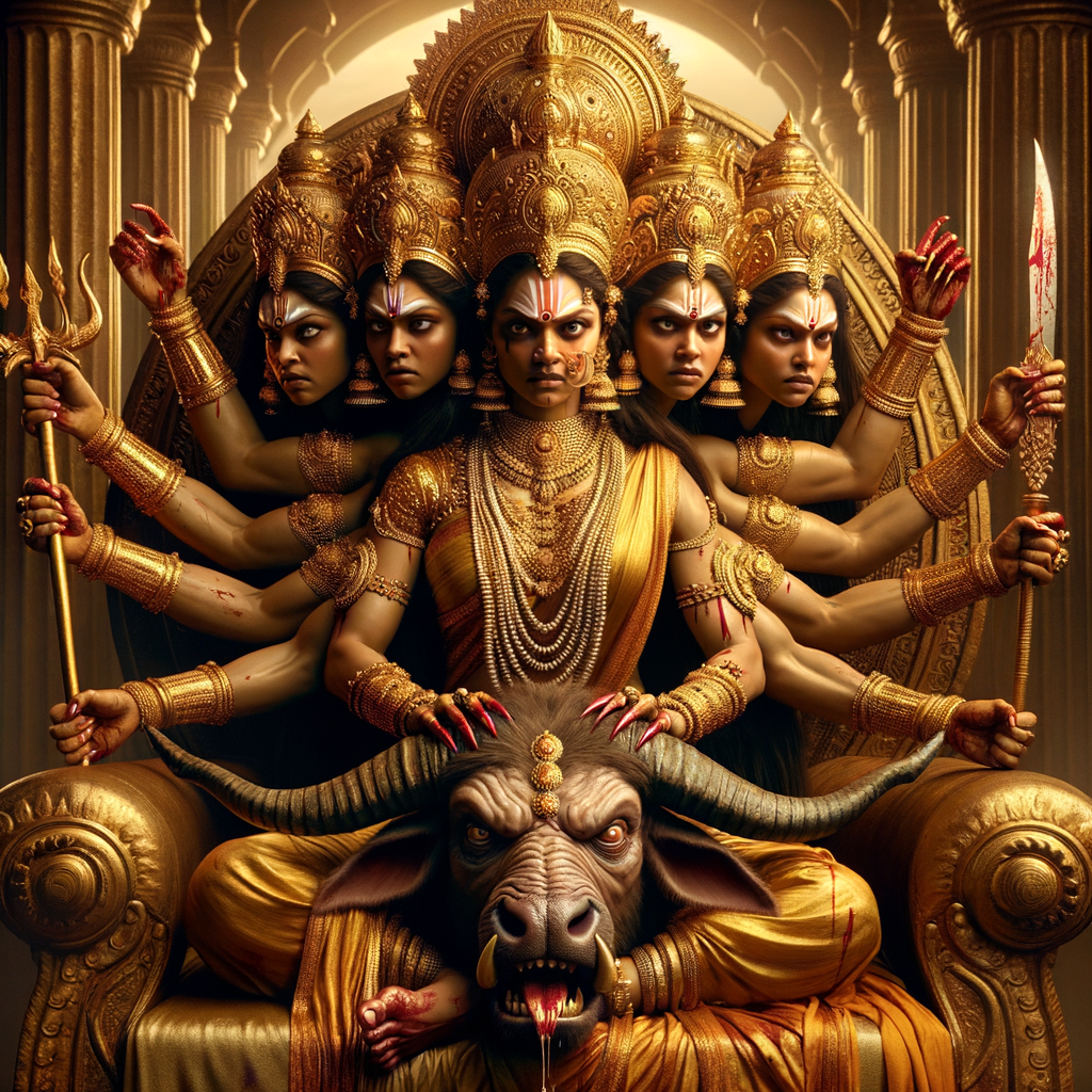 portrait of angry looking, four-armed indian goddess  sitting on a gold crown and carrying a weak mahishasur on her lap and poking his abdomen with her amazingly long red fingernails . She is wearing gold armor, a huge gold crown, gold saree, abundant  gold jewelry, covered in blood. The scene is set in ancient India. The image is 8K resolution, cinematic, photography, ultra detailed face and epic.