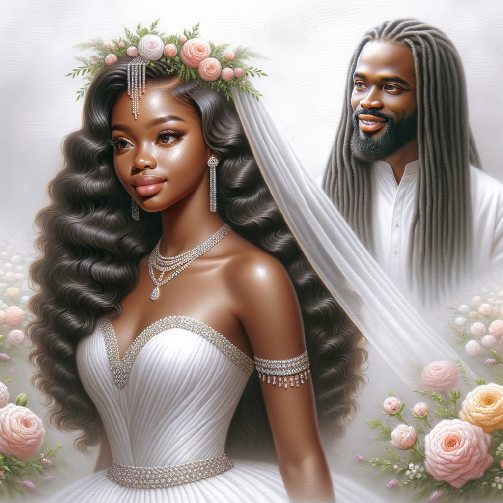 Create a 3-D realistic oil, painting of a beautiful African-American bride. She has long flooring, wavy hair and her gown has beautiful jewels around the neckline. in the background there is a beautiful African-American Jesus Christ with long dreadlocks, and he is smiling. He is very handsome pastel flowers throughout the image.