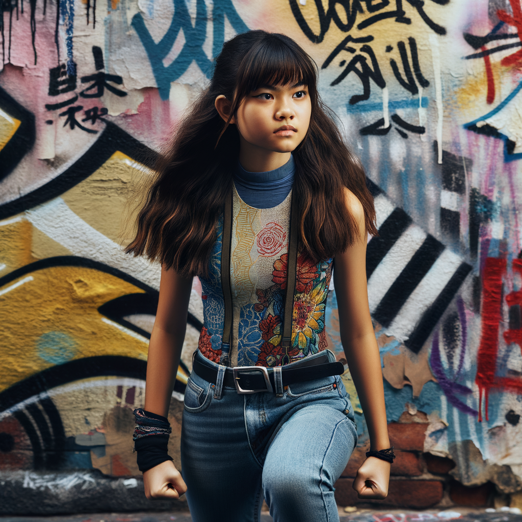 teenage girl, long brown hair and bangs, wearing tight skinny jeans and a halter top paint marks on her clothing, heroic pose Asian graffiti background, nearing on one knee