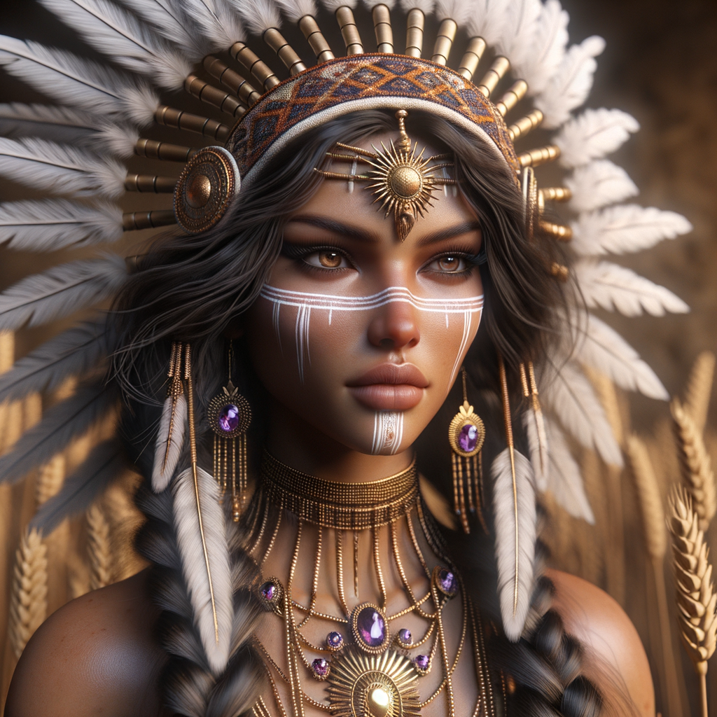 Create a 3-D beautiful, majestic Indigenous woman with a richly detailed headdress made of white feathers and beaded headband adorned with purple gems. Her dark brown hair is styled in long, thick braids that fall over her shoulders. She has face paint below her eyes and is adorned with elaborate golden jewelry, including a necklace with a prominent sun pendant, intricate chest armor, and dangling earrings with purple jewels. The background suggests a natural, earthy setting with hints of golden wheat, enhancing her regal and warrior-like presence."