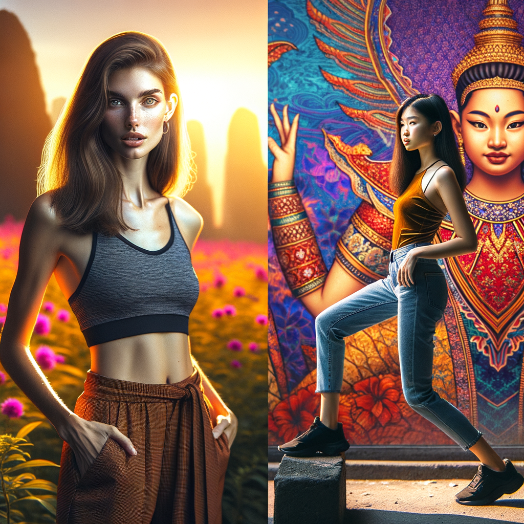 Athletic Thin skinny Attractive, Asian teenage girl, long brown hair and bangs, wearing tight skinny jeans and a halter top paint marks on her clothing, heroic pose Asian graffiti background, backside view