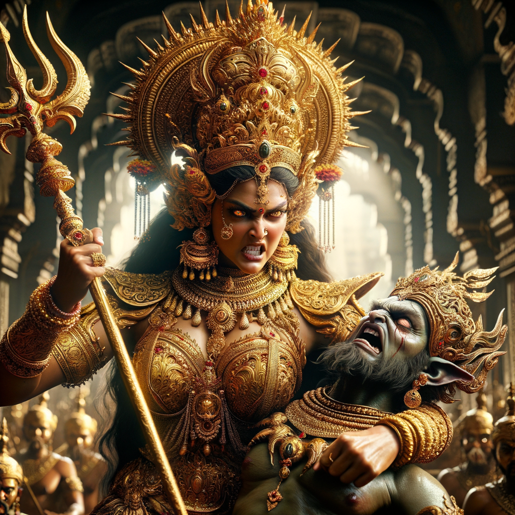 photograph of angry looking goddess durga sitting on a gold crown and carrying a weak mahishasur on her lap and stabbing him with her amazingly designed trident. She is wearing gold armor, a huge gold crown, gold saree, abundant  gold jewelry, covered in blood. The scene is set in ancient India. The image is 8K resolution, cinematic, ultra detailed face and epic.