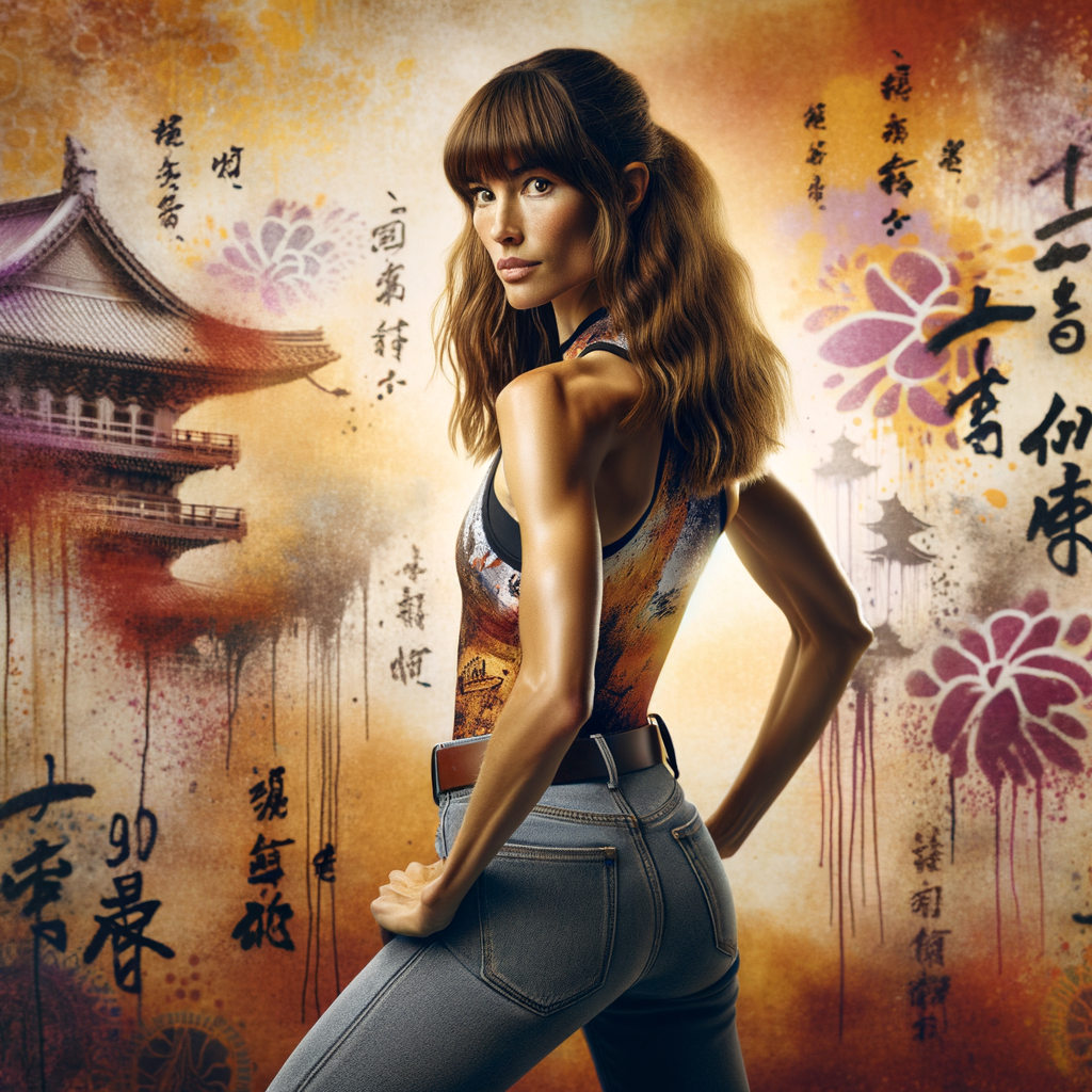 Athletic Thin skinny Attractive, Asian teenage girl, long brown hair and bangs, wearing tight skinny jeans and a halter top paint marks on her clothing, heroic pose Asian graffiti background, backside view