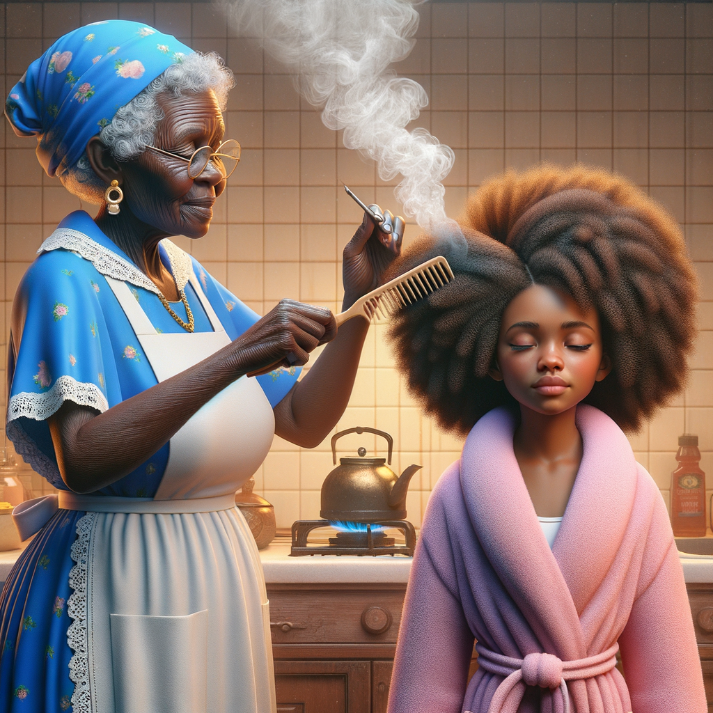 Create a realistic 3-D image of an african-American grandmother wearing a blue house dress and a white apron . She is in the kitchen with her african-American granddaughter. Her granddaughter is wearing a pink bath robe. The grandmother has a hot comb in her hand and she is straightening her granddaughters hair. One side of her granddaughters hair is in  a Afro the other straight 
There is smoke coming from the hot comb
The granddaughter is making a face