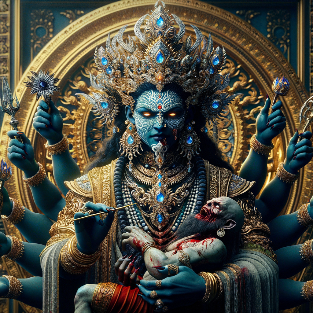 portrait of angry looking, four-armed indian goddess blue skinned sitting on a gold crown and carrying a weak mahishasur on her lap and poking his abdomen with her amazingly long red fingernails . She is wearing diamond armor, a huge diamond crown, black saree, abundant  diamond jewelry, covered in blood. The scene is set in ancient India. The image is 8K resolution, cinematic, photography, ultra detailed face and epic.