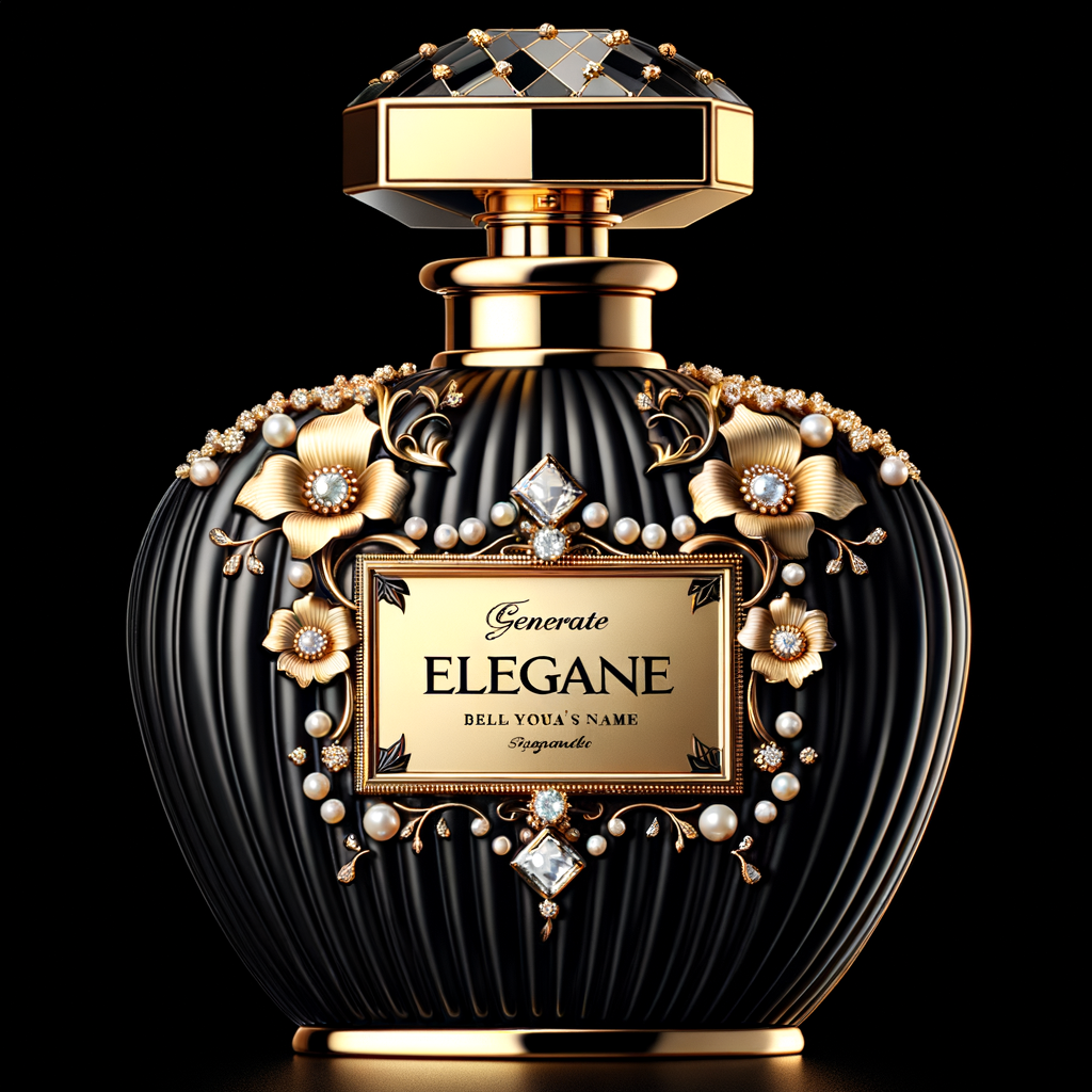 Design a fancy, black and gold bottle of perfume in the shape of a woman’s body. With a golden diamond top, flowers pearls and Diamonds in the name, Karen