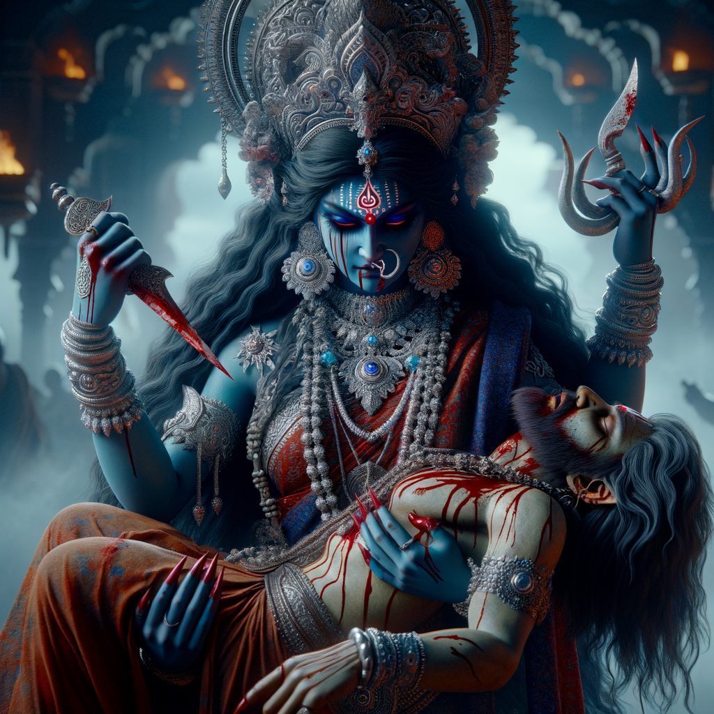 photography of angry looking, gorgeous goddess kali, blue skinned carrying a weak mahishasur in her two arms and stabbing him with her amazingly long red fingernails. She is wearing a huge silver crown, red saree, abundant silver jewelry, covered in blood. The scene is set in ancient India. The image is 8K resolution, cinematic, ultra detailed face and epic.