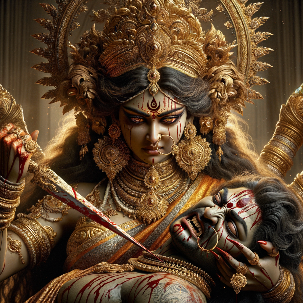 portrait of angry looking goddess durga  carrying a weak mahishasur in her arms and stabbing him with her amazingly long red fingernails. She is wearing gold armor, a huge gold crown, gold saree, abundant  gold jewelry, covered in blood. The scene is set in ancient India. The image is 8K resolution, cinematic, ultra detailed face and epic.