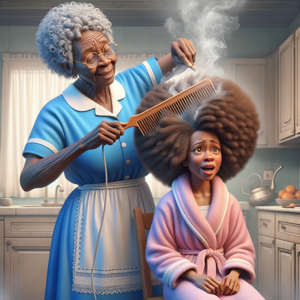 Create a realistic 3-D image of an african-American grandmother wearing a blue house dress and a white apron . She is in the kitchen with her african-American granddaughter. Her granddaughter is wearing a pink bath robe. The grandmother has a hot comb in her hand and she is straightening her granddaughters hair. One side of her granddaughters hair is in  a Afro the other straight 
There is smoke coming from the hot comb
The granddaughter is making a face