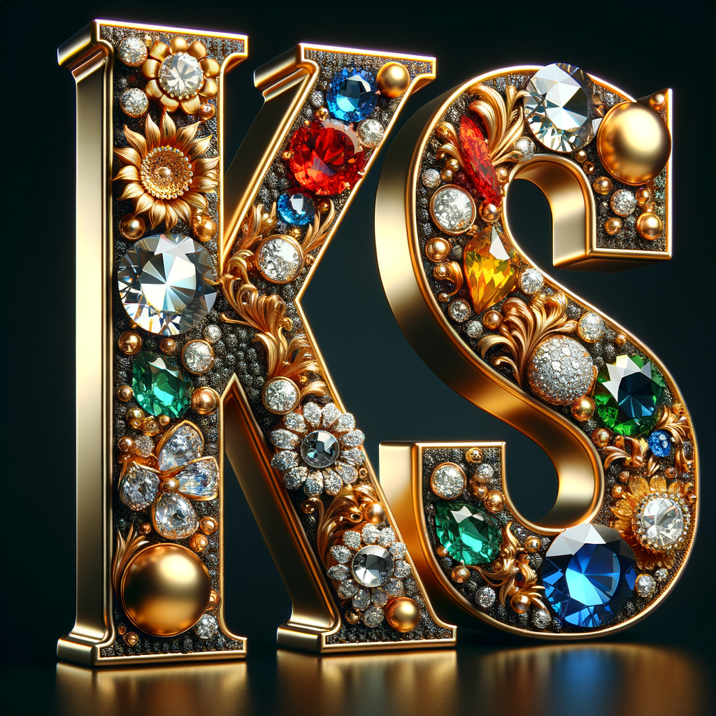 Create a 3-D realistic image with the letters  K.S. in gold raised letters , Add diamonds and colorful jewels