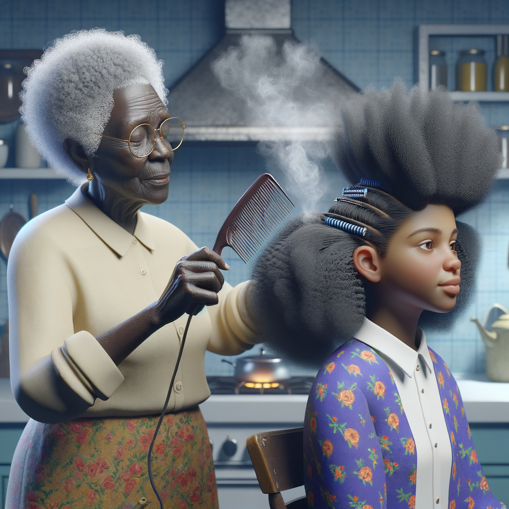 Create a realistic 3-D image of an african-American grandmother in the kitchen with her african-American granddaughter. The grandmother has a hot comb in her hair and she is straightening her granddaughters hair. One side of her granddaughters hair is in  a Afro the other is bone straight 
There is smoke coming from the hot comb