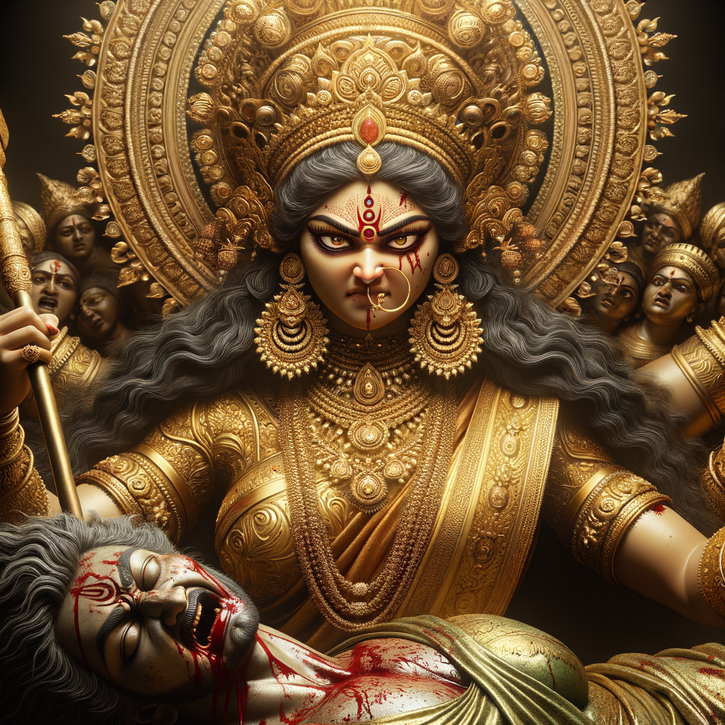 portrait of angry looking goddess durga has her foot on a defeated mahishasur. She is wearing gold armor, a huge gold crown, gold saree, abundant  gold jewelry, covered in blood. Mahishasur laying on ground dead. The scene is set in ancient India. The image is 8K resolution, photography, cinematic, ultra detailed face and epic