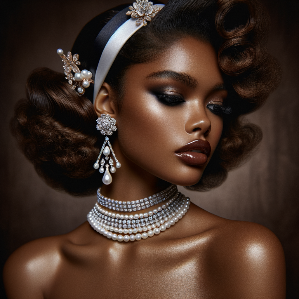 Envision a light-skinned African-American Hawaiian woman, embodying a mix of cultural elegance. Her hair is styled in glamorous, voluminous curls that frame her face, with a chic white and black headband accented by a luxurious pearl and diamond brooch. Her makeup is classic and sophisticated, with a smoky eye and deep red lipstick that complements her complexion. Adorning her neck are strands of pearls, adding to her opulence, and her ears feature large, chandelier earrings with pearls and diamonds that glisten. She carries the grace of Hawaiian charm, with her head slightly tilted in a dignified pose, her eyes full of depth and history. The background is a rich, dark shade that contrasts with her radiant skin.